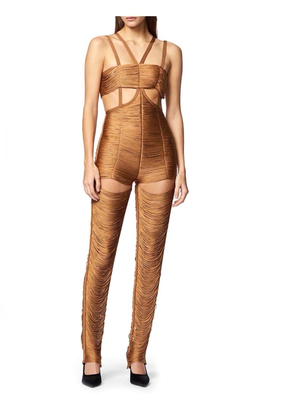 HERVE LEGER STRAPPY FRINGE BANDEAU JUMPSUIT CLOVE NWT